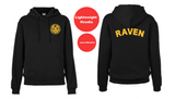 Lightweight black RAVEN Hoodie w/yellow logo